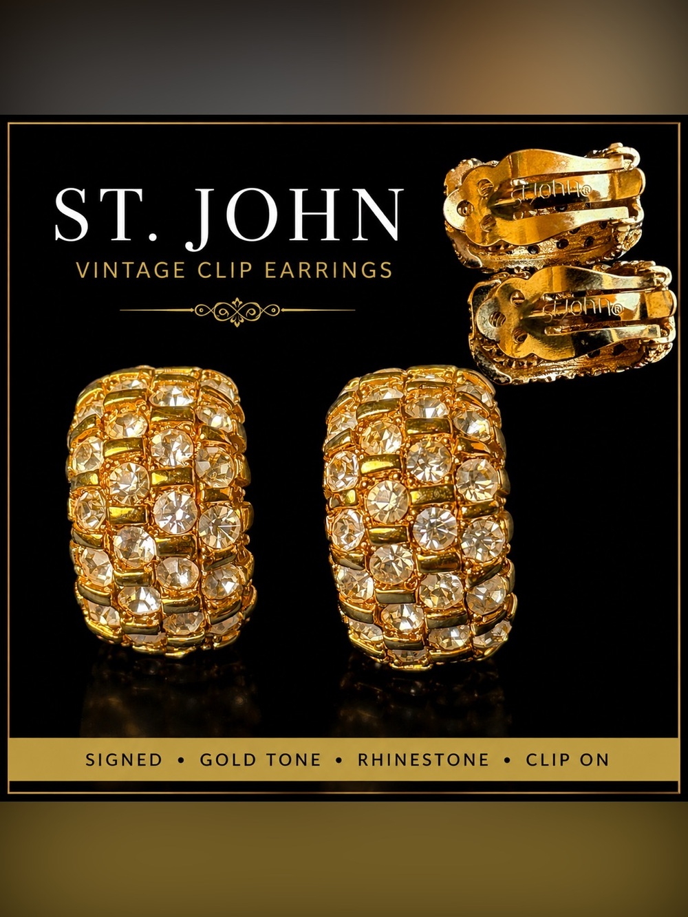 Vintage St. John Gold Tone Rhinestone Clip Earrings Chunky Domed Designer Glam